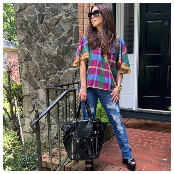 21 Boho Blue Green Purple Plaid with Gold Trim Crossover Top - Picture 2 of 10